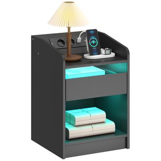 OEM Mesita De Noche Con Estaci&oacute;n De Carga Luz Led Rgb Caj&oacute;n Estante Abierto Puertos Usb Y Control Remoto 40x40x58 Cm Negro
