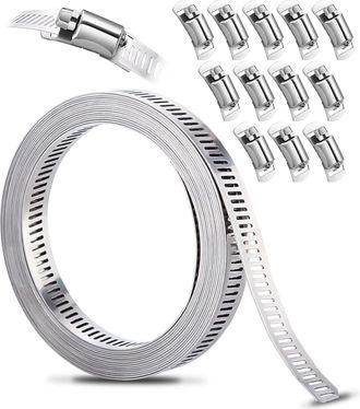 OEM Kit De Abrazaderas Para Manguera De Acero Inoxidable 304 Para Bricolaje, 10 M De Banda Met&aacute;lica Perforada + 12 Sujetadores Ajustables, Para Tuber&iacute;as, 