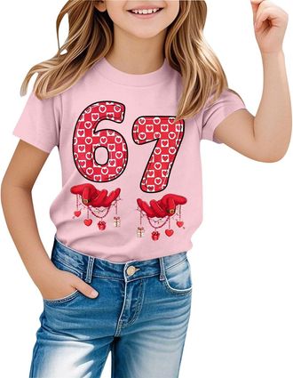 Generic T Shirts Kids Girls 67 Six Seven Meme Cute Number Print Cotton Top Short Sleeve Crewneck Funny Tee for School Party Festive Stocking Filler Festival &