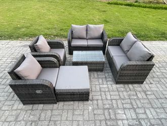Fimous Rattan Garden Furniture Set Patio Outdoor Lounge Sofa Set with 2 Reclining Chairs Rectangular Coffee Table Big Footstool in Dark Grey