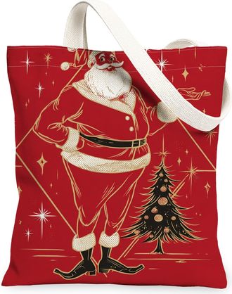 Generic Christmas Santa Canvas Tote Bags, Retro Holiday Illustration Reusable Grocery Bags, Lightweight Washable Shoulder Strap Can, Red, 13x15 Inch