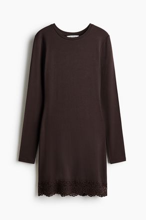 H&M Jerseykleid mit Spitzenbesatz - Brown