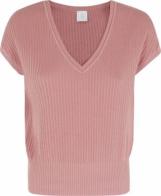 Eleventy Raspberry Pink V-Neck Sleeveless Moulin&eacute; Cotton Sweater