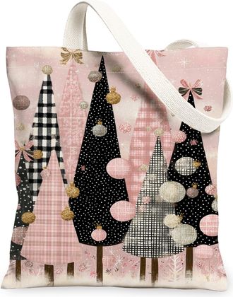 Generic Christmas Tree Canvas Tote Bags, Stylish Forest Pattern Reusable Bags, Winter Chic Lightweight Washable Shoulder Strap Canvas 13x15 Inch