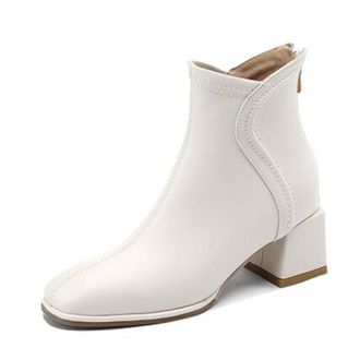 Generic Womens Square Toe Ankle Boots Chunky Block Heels Side Zipper Decorative Stitching Smooth Upper Soft Lining Cushioned Insole Durable Outsole,Beige,4.5 