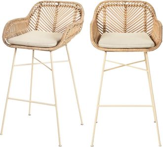 DRAWER Lote de 2 taburetes de bar de ratán con patas beige de 68cm - Natural