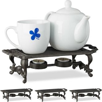 Relaxdays 4 Calentadores De Tazas, Duraderos, Dise&ntilde;o Envejecido, 2 Velas C/u, Hornillos De Hierro Fundido, 8,5x30x13,5cm, Marr&oacute;n