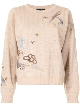 Shiatzy Chen embroidered crew-neck jumper - women - Wool - 42 - Brown