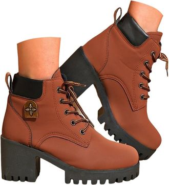 Generic Womens Ankle Combat Boots Chunky Lace Up Booties Platform High Heel Fashion Autumn Winter Shoes Lug Sole Round Toe Casual Waterproof Non Slip Riding M