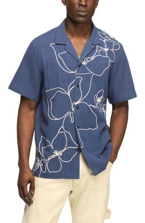 Lucky Brand Floral Embroidered Cotton Camp Shirt in 458 Blue at Nordstrom, Size Xx-Large