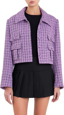 English Factory Windowpane Check Tweed Crop Blazer in Purple at Nordstrom, Size Small