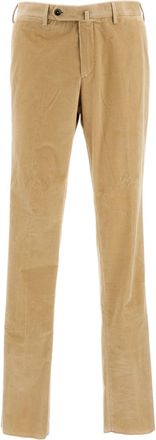 PT01 Beige Slim Fit Corduroy Trousers With Front Zip Closure