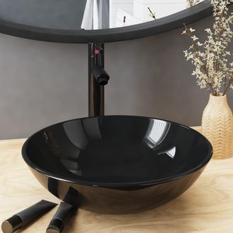 Berkfield Home Bathroom Sink with Tap & Push Drain Black Tempered Glass