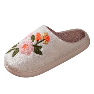Generic Ladies Slippers Womens Fuzzy Indoor Outdoor Comfortable Soft Sole Home Shoes With Floral Design For Her And Couples Cozy Slippers For Women(White, 3.5