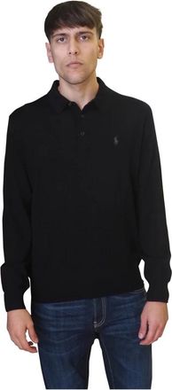 Ralph Lauren Merino Wool Polo Sweater - Heren - V-hals truien - Zwart - L - Wol - Truien & Vesten