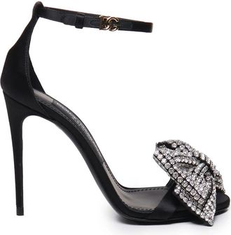 Dolce & Gabbana Zwarte Satijnen Enkelband Sandalen met Strik van Strass - Dames - Sandalen met hakken - Zwart - 37 1/2 EU - Satijn - Schoenen