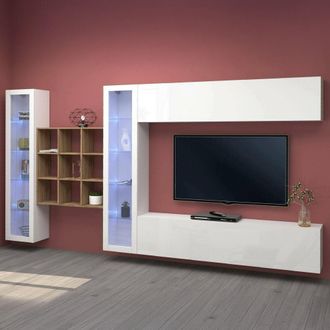 Dmora Dmora - Pared Equipada Dfancon, Conjunto De Sal&oacute;n Mueble Tv Con 4 Puertas, Mueble De Sal&oacute;n Polivalente Con Vitrina Y Luz Led, 100% Made In Italy, Cm 3
