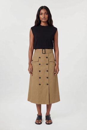 Karen Millen Womens Tailored Cotton Trench Button Front Pleated Skirt - Beige - Size 12 UK