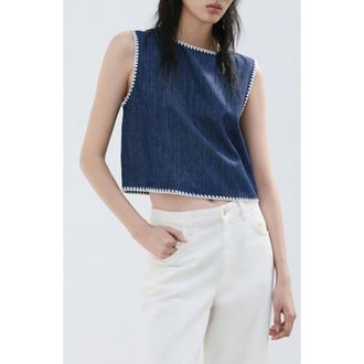 Mango Whipstitch Detail Denim Tank in Open Blue at Nordstrom, Size X-Large