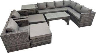 Fimous Fimous Outdoor Rattan Oblong Coffee Table Corner Sofa Sets Garden Furniture Set with 2 Chairs 2 Big Stools Side Table Dark Grey Mixed