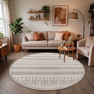 Paco Home Paco Home - Alfombra Exterior Interior Balc&oacute;n Terraza Cocina Motivo Boho &Eacute;tnico Moderno Beige, &Oslash; 120 Cm Redon