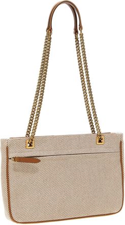 Valentino Garavani Womens Leather-Trimmed Canvas Shoulder Bag Beige Cotton