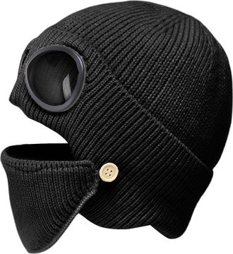 Generic Winter Beanie | with Earflap Goggles Face Cover - Winter Knit Beanie with Earflap | for Cold Weather Outdoor Cycling Riding Ski Hunting Fishing Campin