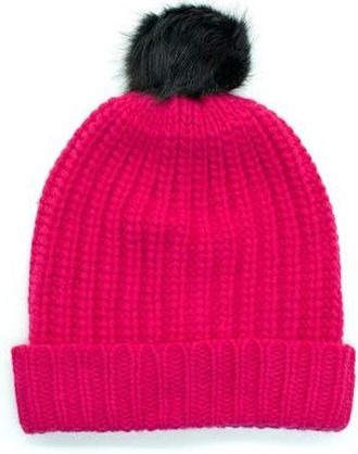 Portolano Chunky Wool Blend Beanie with Faux Fur Pompom in Hot Pink at Nordstrom Rack