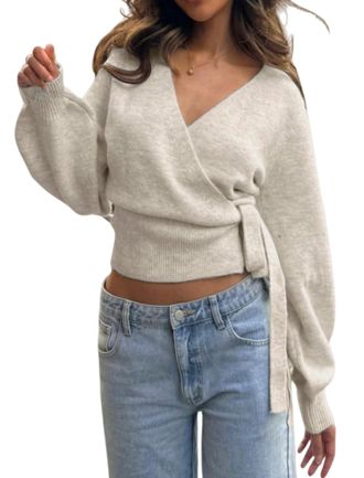 Generic Womens V Neck Belted Fall Knit Sweater, Wrap Sweater Sexy Cinched Waist Long Sleeve Knitted Pullover with Side Tie Fall (Khaki,S)