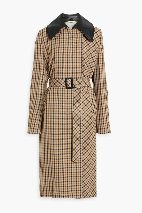 Kalimba leather-trimmed checked wool-blend trench coat - Brown - IT 44