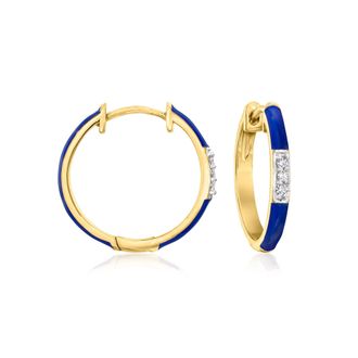 Ross-Simons Navy-Blue Enamel and Diamond Hoop Earrings in 18kt Gold Over Sterling