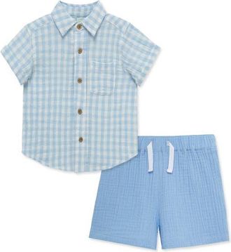 Little Me Gingham Cotton Button-Up Shirt & Drawstring Shorts Set in Blue at Nordstrom, Size 18M
