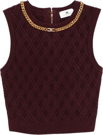 Elisabetta Franchi Top van gebreide stof met diamantpatroon en juweeldetails - Dames - Tops zonder mouwen - Rood - L - Polyester - Tops