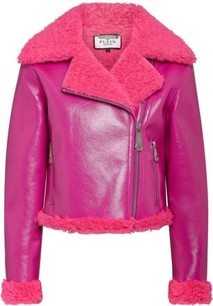 Philipp Plein Eco Shearling Short Biker Jacket Skull&Bones - Dames - Jassen - Roze - XS - Polyester - Jassen