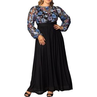 Kiyonna Floral Embroidered Long Sleeve Empire Waist Mesh Gown in Floral Frolic at Nordstrom, Size 0X