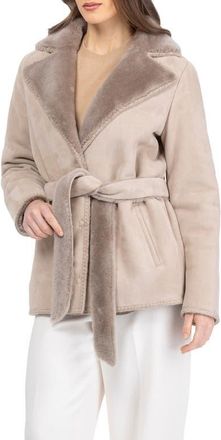 Gorski Genuine Shearling Belted Jacket with Whipstitch Trim in Taupe at Nordstrom, Size X-Small