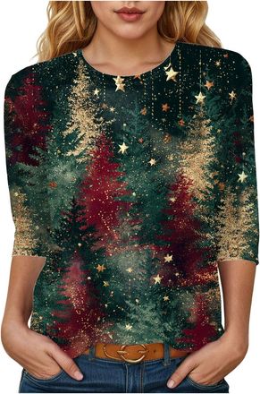 Generic Christmas Tops Ladies Christmas Tree Print Xmas TShirts Plus Size Novelty Funny 3/4 Sleeve Santa Print Reindeer Graphic Blouse Ugly Tee Shirt Pullover