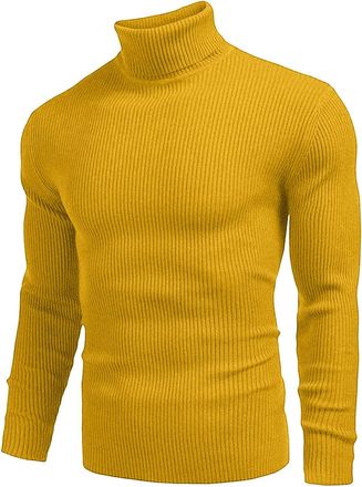 Generic Mens Autumn, Winter Turtleneck Pullover Sweaters Yellow Solid Color - Full Length Long Sleeve - Turtle Neck - Classic Fit - Twisted - Thick - Pull on 