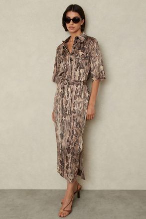 Reiss Farah Neutral Snake Print Belted Midi Dress, 6, Beige & brown