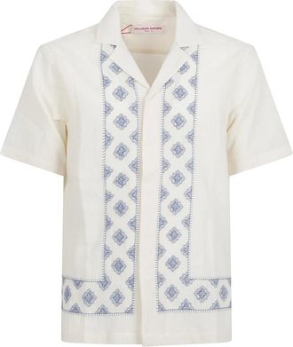 Orlebar Brown Carnival Borduur Camp Collar Shirt - Heren - Korte mouwen Overhemden - Wit - M - Katoen - Overhemden
