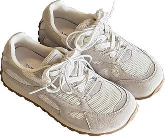 Generic Women Genuine Leather Double lace Shoes with mesh mesh Casual and Versatile Thick Sole Breathable and Non Slip Sports Shoes (Beige,6.5)