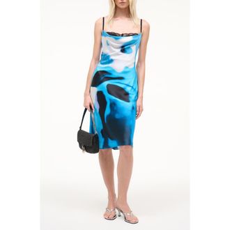 Staud Evangeline Abstract Print Stretch Silk Slipdress in Blue Haze at Nordstrom, Size 16