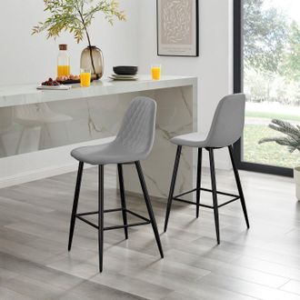 Furniturebox Corona Set of 2 Counter Stools - Faux Leather Counter Stools With Black Legs - Kitchen Island Stool in Grey
