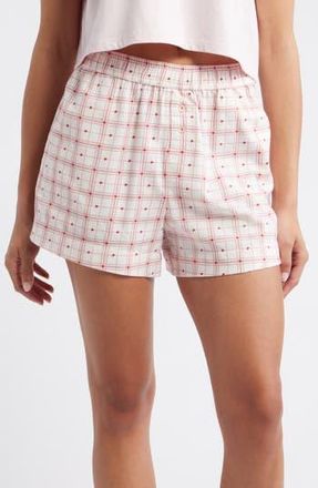 Open Edit Print Cozy Flannel Boxer Pajama Shorts in Ivory- Red Heart Sketch Plaid at Nordstrom Rack, Size X-Large