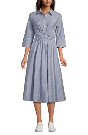 Lands End Poplin Midi Wrap Front Dress in Midnight Sky Pinstripe at Nordstrom, Size 16P