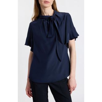 Santorelli Athena Silk Blouse with Short Flutter Sleeves in Midnight at Nordstrom, Size 12