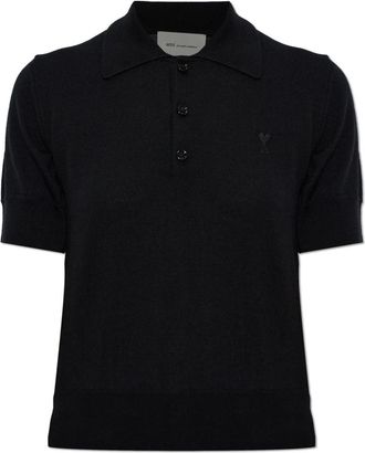 Ami Wol Pique met Geborduurd Logo - Dames - Polos - Zwart - M - Wol - Tops