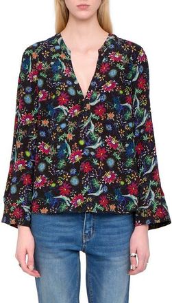 Zadig&Voltaire Torny Virgin Garden Print Split Neck Top in Encre at Nordstrom, Size X-Small