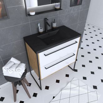 Aurlane Aurlane - Mueble De Ba&ntilde;o 80x50 Cm - Lavabo Negro Efecto Piedra 80x50 Cm - 2 Cajones