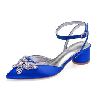 Generic Wedding Shoes Womens Bridal Pointed Toe Chunky Block Heel Ankle Strap Low Heels Slingback Heeled Sandals 4.5Cm,Blue,9 UK